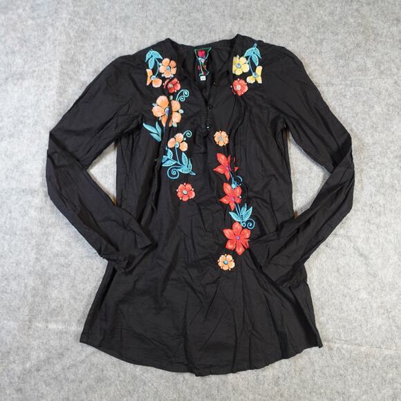 Johnny Was Top Womens Extra Small Embroidered Boho Tunic Floral Black Long Slv - Picture 1 of 8